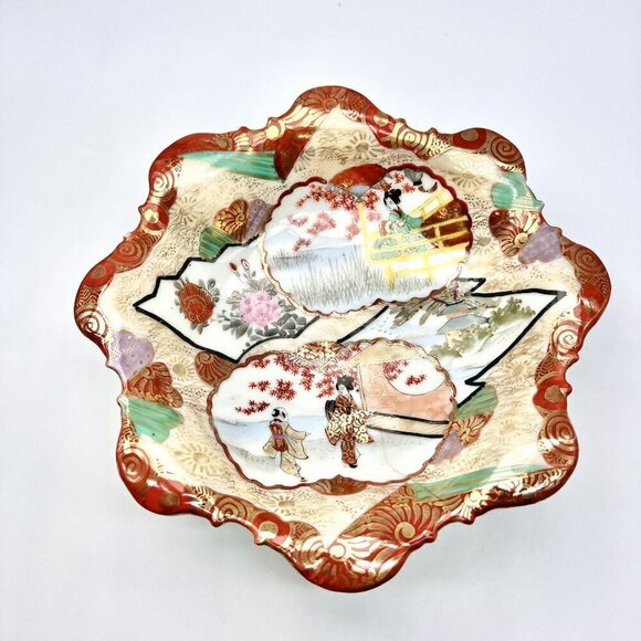 Antique Japanese Kutani Porcelain Footed Bowl Hand Painted Geisha Ware - Picture 2 of 11